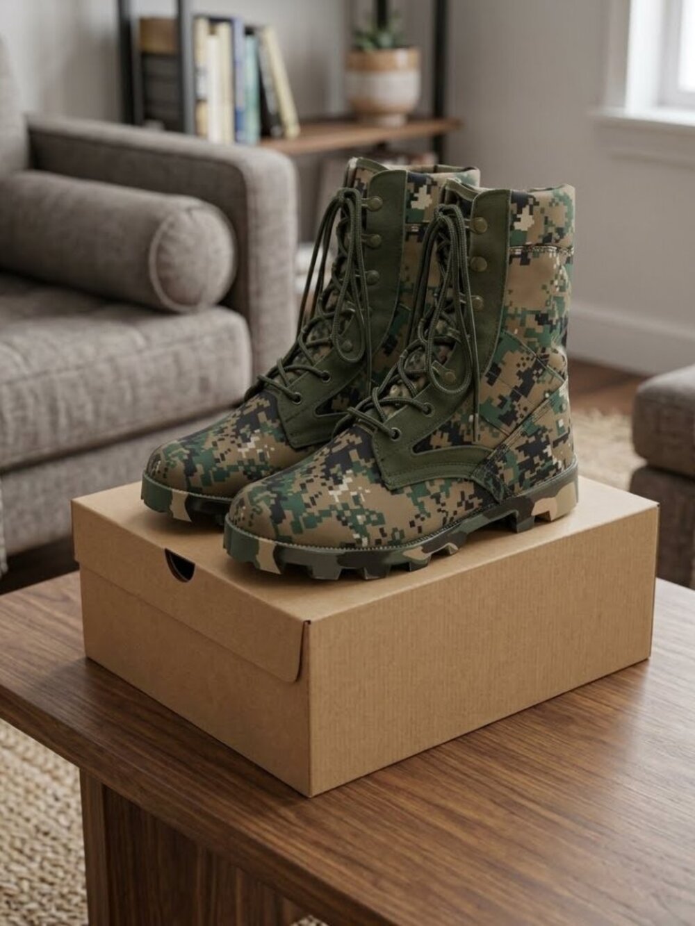 Military Tactical Boots for Work, Green Camo Lace-Up for Men
